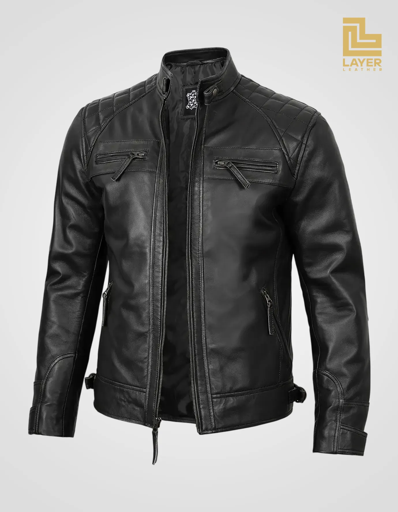 Biker-Style-Black-Leather-Jacket-Mens-Quilted-Shoulder