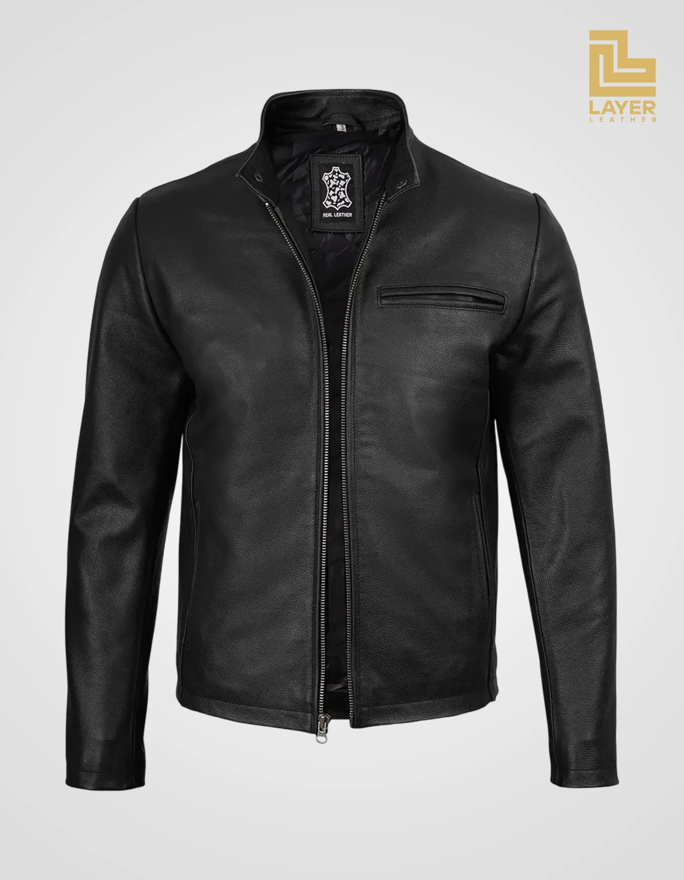 Black-Cowhide-Leather-Jacket-Men's-Cafe-Racer-Style